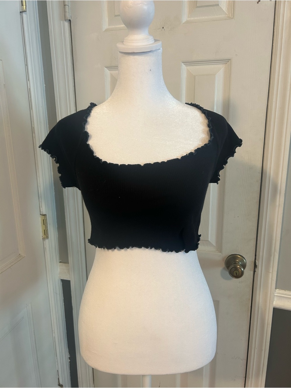 Urban Outfitters Black Ribbed Lettuce-Edge Crop Top